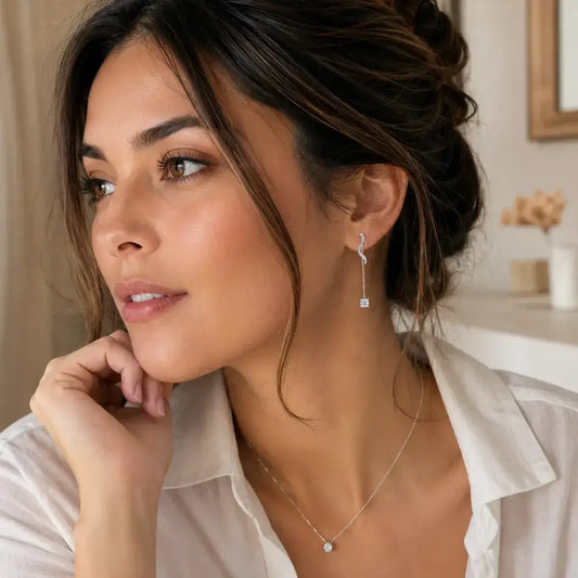 Brincos em parat 925 de fio longo com moissanite na modelo lifestyle