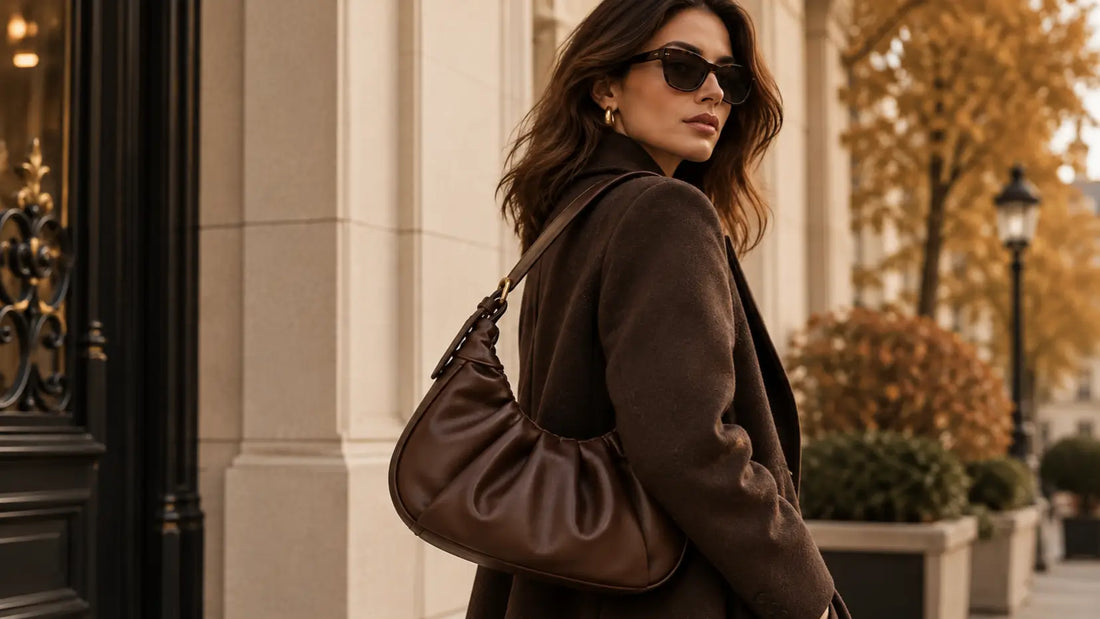 Mulher com mala de ombro castanha num look elegante de Outono/Inverno
