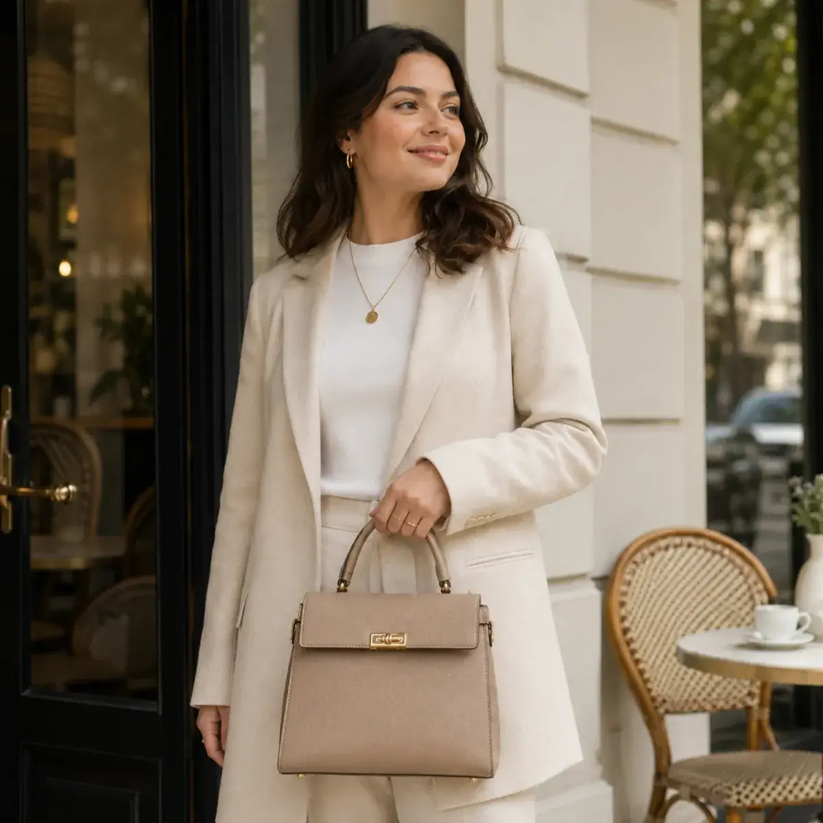 Modelo elegante com blazer bege e mala de mão estruturada em tons nude, em ambiente sofisticado de café urbano, destacando estilo minimalista, moda feminina premium e acessórios intemporais para mulher.