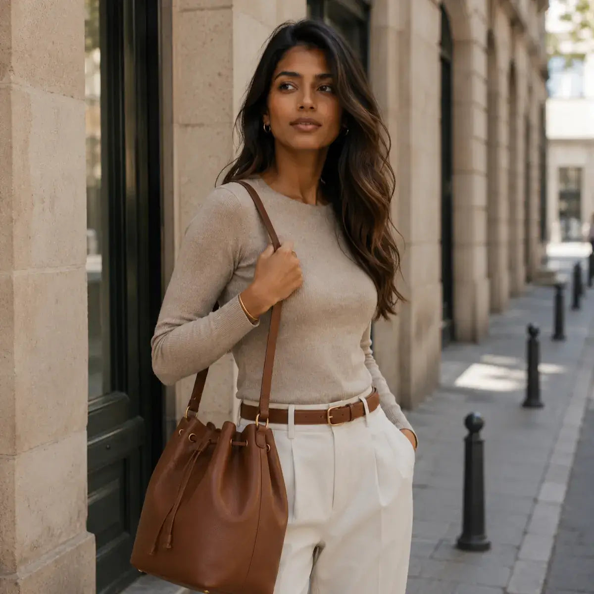 Modelo elegante com mala saco castanha em pele, combinada com look neutro sofisticado em rua urbana luminosa, destacando acessórios femininos premium, estilo contemporâneo e moda intemporal para o dia a dia.