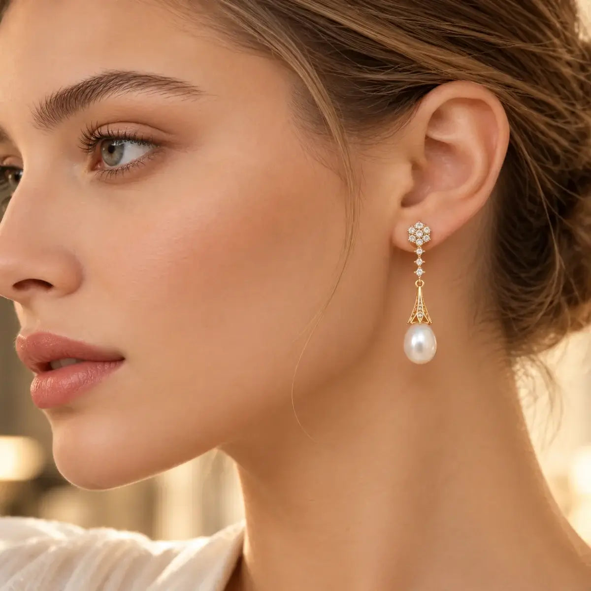 Brincos dourados com pérolas brancas usados por modelo em estilo elegante