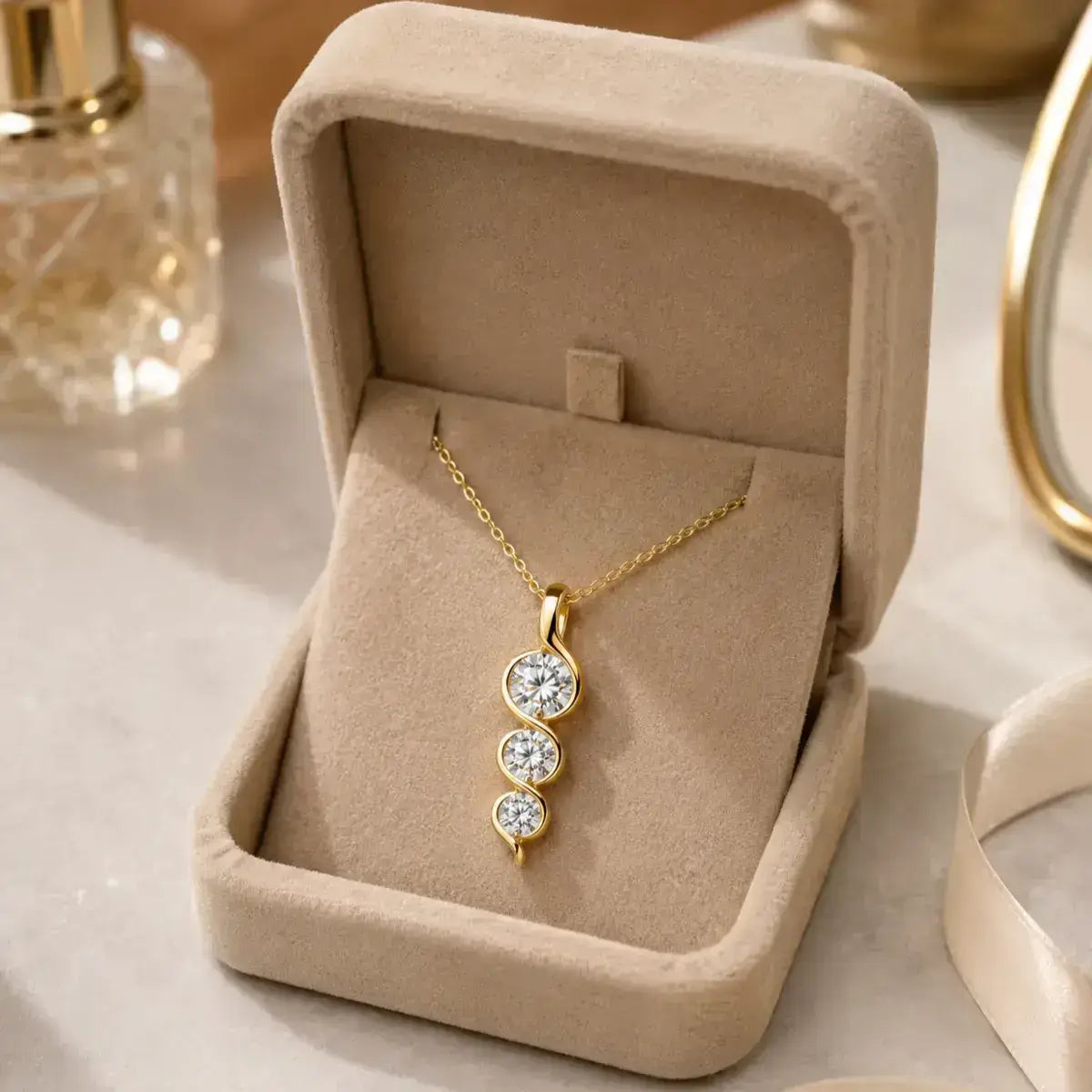 Colar dourado em Prata de Lei 925 com três moissanites apresentado em caixa de joias de veludo bege