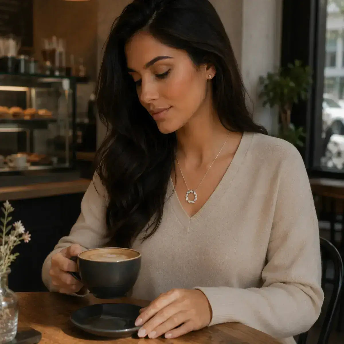 Modelo em café a usar colar em Prata de Lei 925 com pendente circular de zircónias baguete.