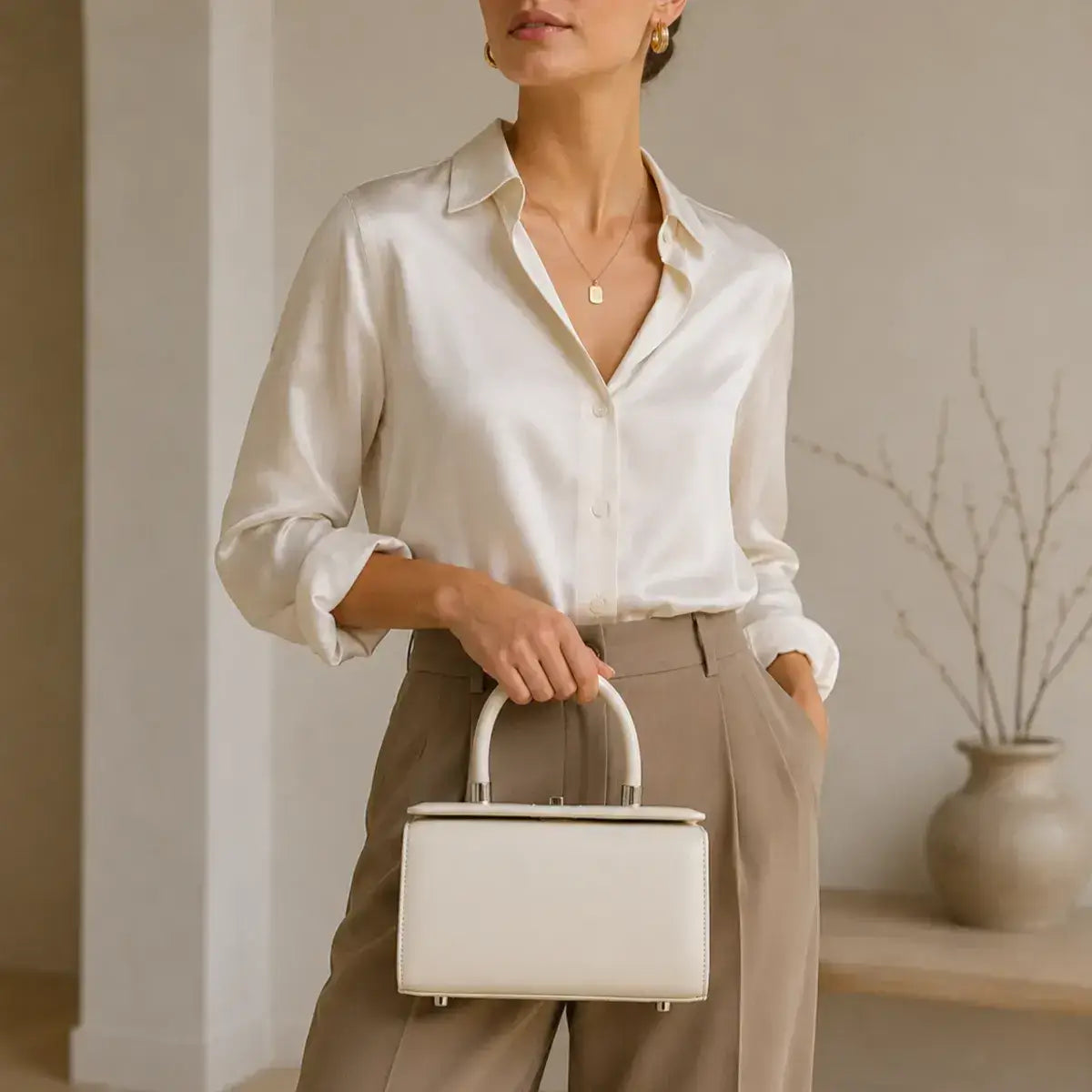 Modelo com mala de mão em pele genuína Élise off white
