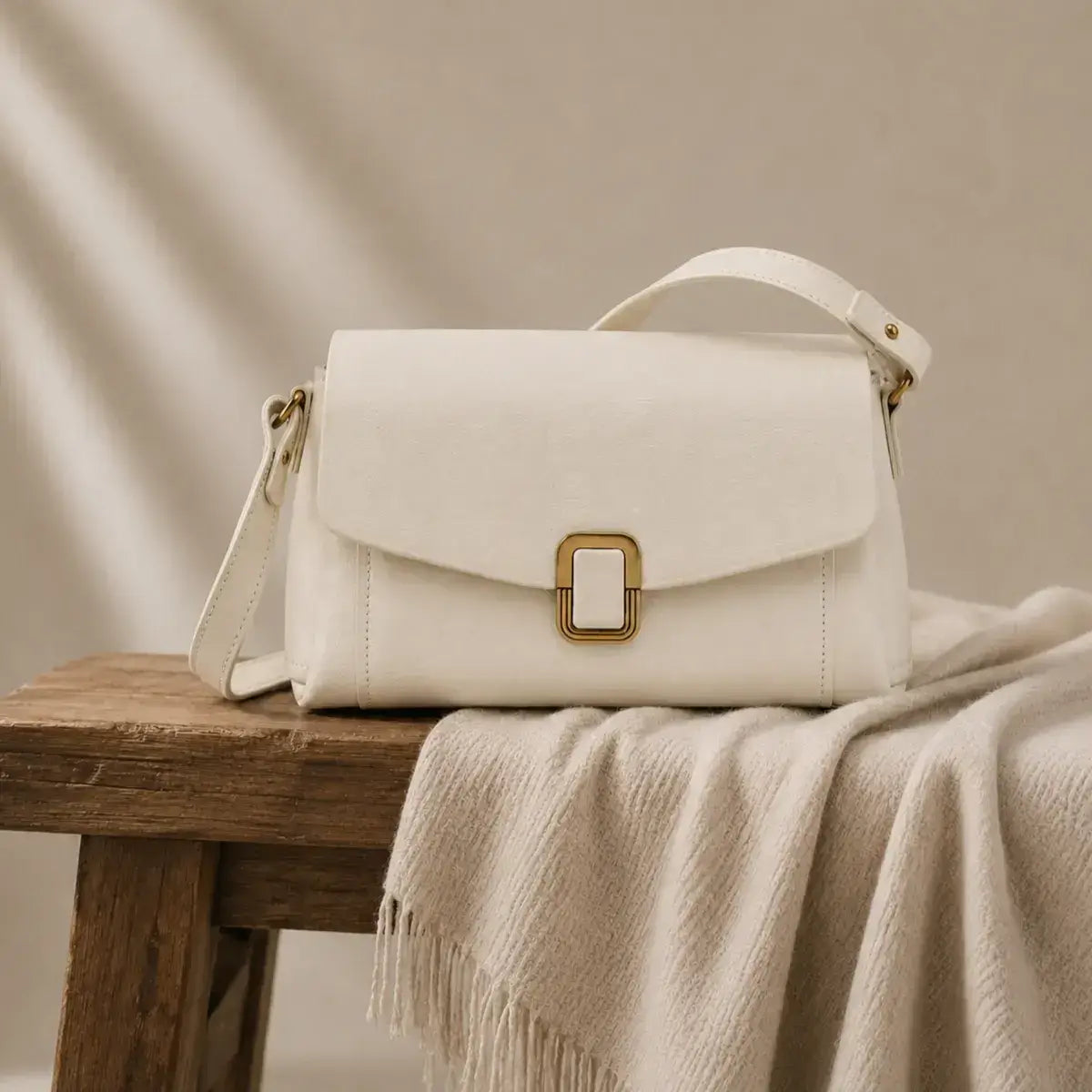 Mala de ombro pequena em pele genuína Aurelia off white sobre banco de madeira