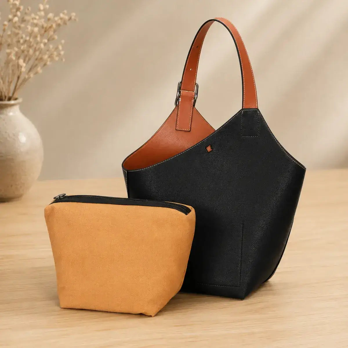 Bolsa interna amovível da mala saco Amélie em pele genuína preta