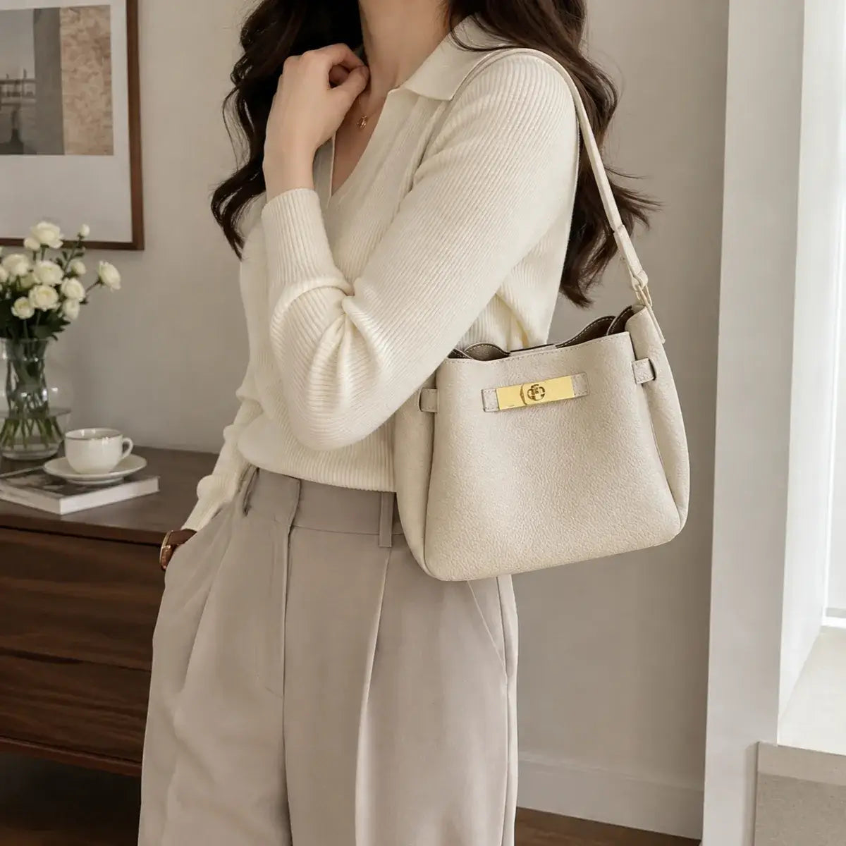Modelo a usar a Mala Tiracolo Élia em pele sintética premium off white ao ombro
