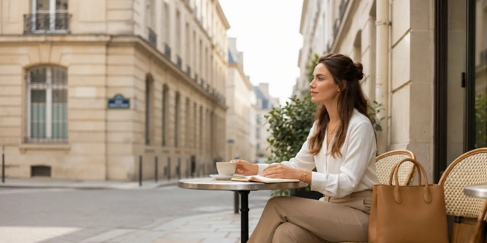 Mulher elegante sentada num café parisiense com mala tote em pele camel, num ambiente minimalista e luminoso que reflete a elegância sem esforço da Vunelle